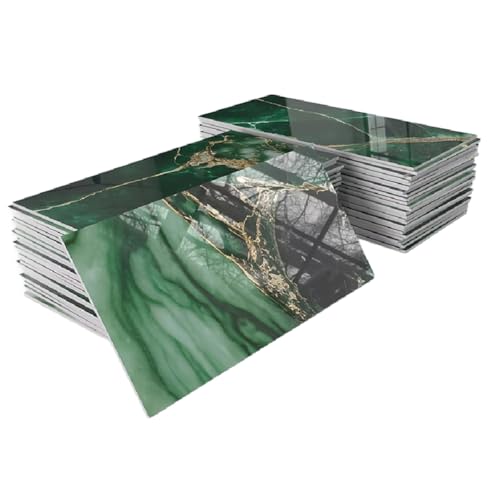 Buhdjfnke 32 Pegatinas para Azulejos de Metro de Pet Grueso y Brillante, de 4 X 8 Pulgadas, Autoadhesivas, para Pared Salpicaduras, Mármol Esmeralda con Vetas Doradas.