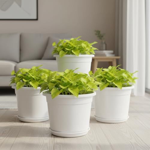 Image of 12 Inch Glossy White Plastic Planter with Bottom Plate | Heavy Duty Flower Pot with Tray for Indoor Home Decor, Balcony, Living Room & Outdoor Garden (4 Pot, White)