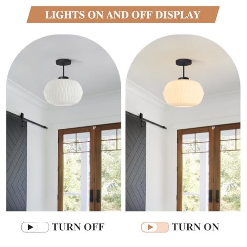 Image of Semi Flush Mount Ceiling Light Modern Black Close to Ceiling Light Fixture Vintage Striation Glass Ceiling Lamp Industrial Chandelier for Hallway Bedroom