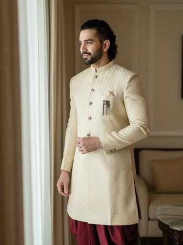 Image of KISAH Men's Silk Blend Ethnic Sherwani Dhoti Set