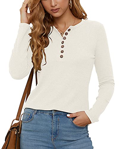 WNEEDU Women's Waffle Knit Tops Casual Long Sleeve Blouses Slim Fit Button Down V Neck Henley Shirt2
