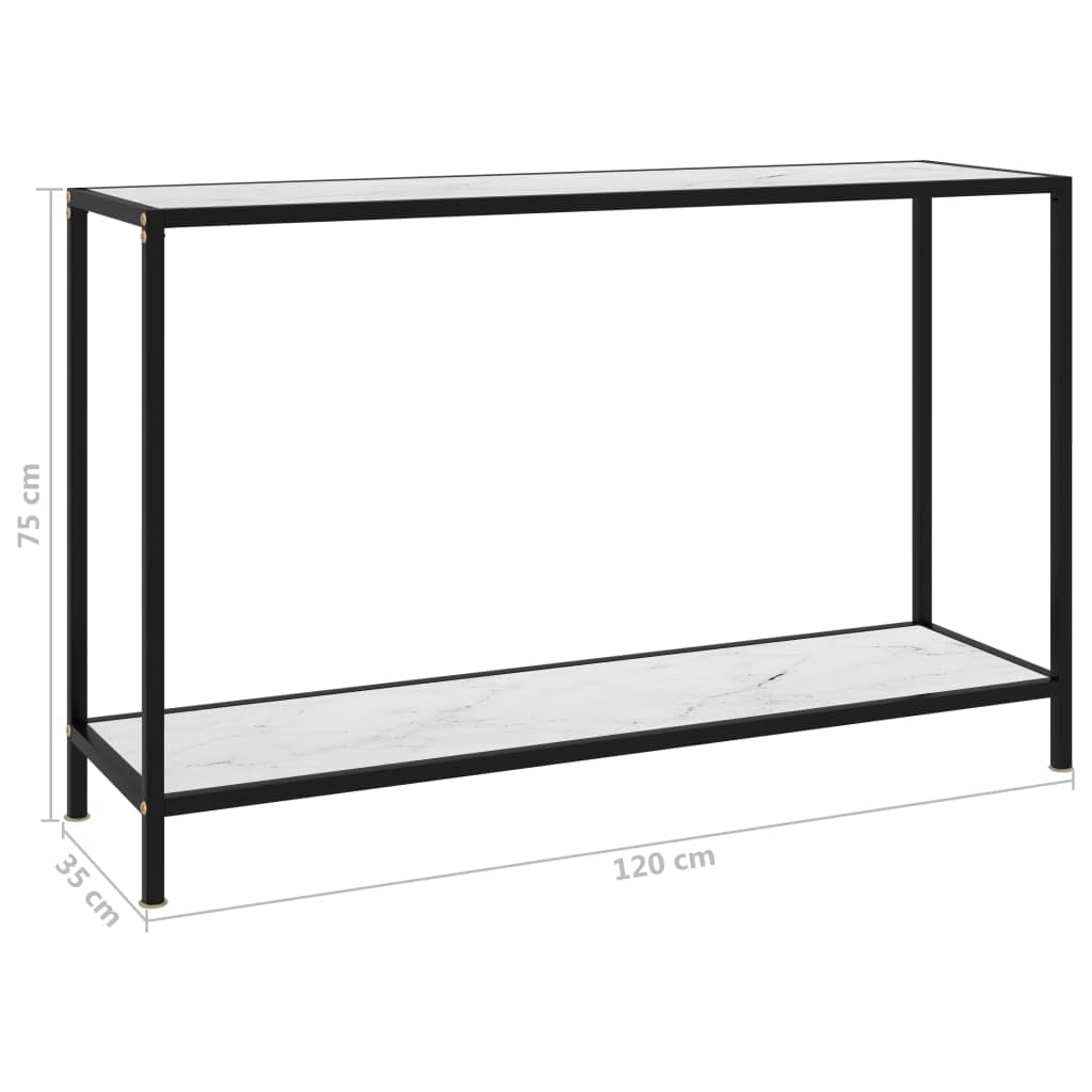 Stolik konsolowy, biały, 120 x 35 x 75 cm, płyta ze szkła hartowanego, malowana proszkowo rama stalowa, wygląd marmuru, stabilny do salonu, korytarza, przedpokoju, dodatkowe miejsce do