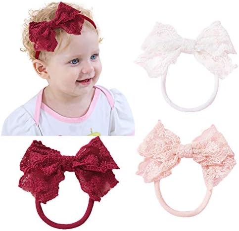 Lace Bow Headbands for Baby Girls Toddlers Bow Knot Elastic Nylon Headband Cotton Lace Hair Bows Bands Newborn Infant Soft Headwrap Christmas Hair Accessories,3 Pcs