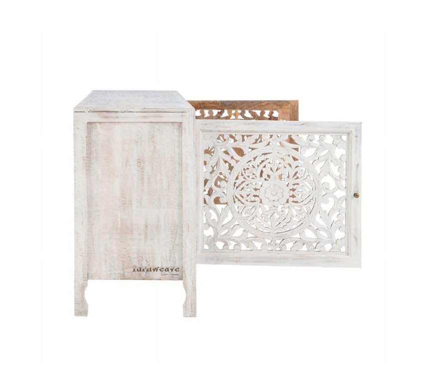Image of Yepa Wooden Sideboard Cabinet for Living Room | Handcrafted Solid Wood Storage Cabinet with Carved Doors | Crockery Cabinet for Home | Crockery Furniture for Home (White Distress)