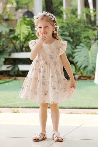 Toddler Baby Girl Boho Dress Linen Ruffle Sleeveless Casual Dress Kids Solid Floral Summer Beach Sundress(Khaki Floral, 4-5T)2