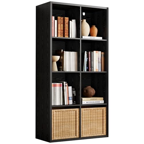 IRONCK Bookshelf 8-Cube Storage Cube Shelf Organizer Extra Thick Frame Horizontally & Vertically Reversible Bookcase with Open for Living Room Bedroom Home Office Black