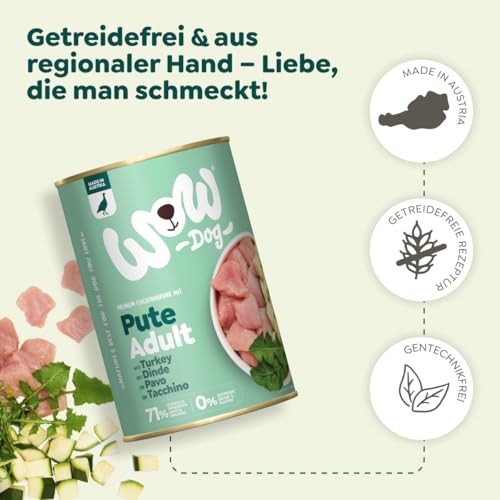 WOW Dog Hunde-Nassfutter mit Pute | Enthält Vitamine und Mineralien, ohne Getreide und Zucker | 400 g / 12er Pack
