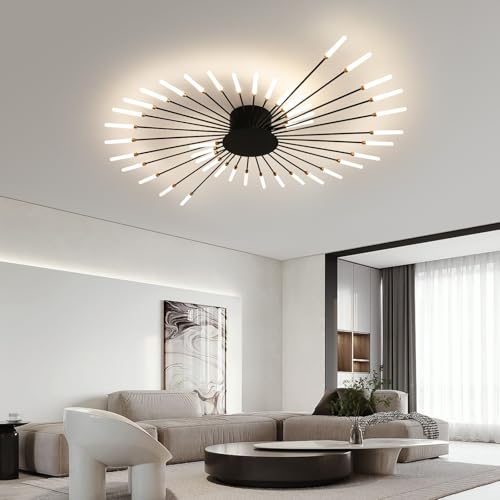 JAYMP Ceiling Light Modern Flower Shape Ceiling Lamp for Living Room Dining Room Flush Mount Metal Acrylic Sputnik Firework Petal LED Lighting Fixture (Matte Black, 42 Lights)