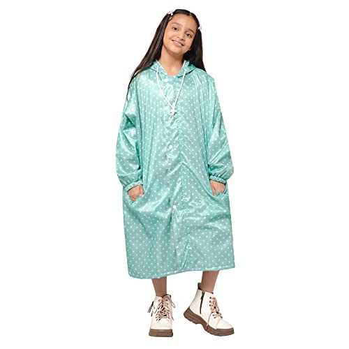 Image of THE CLOWNFISH Drizzle Dot Series Kid's Raincoat Waterproof Polyester Double Coating Reversible Long Length Coat With Hood And Reflector Logo At Back.