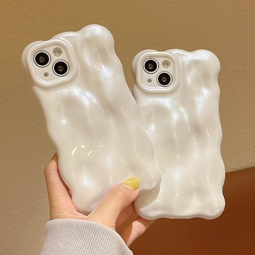 YUMESS Funda Suave para teléfono Corea 3D Meteorite Pearl Cream White para iPhone 14 Pro MAX 13 12 Pro MAX 11 Fashion Wave Bumper Cover, Blanco, para iPhone 15