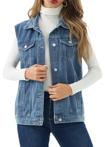 Women's Vintage Denim Vest Oversized Button Down Jean Waistcoat Gilet Sleeveless Jean Jacket