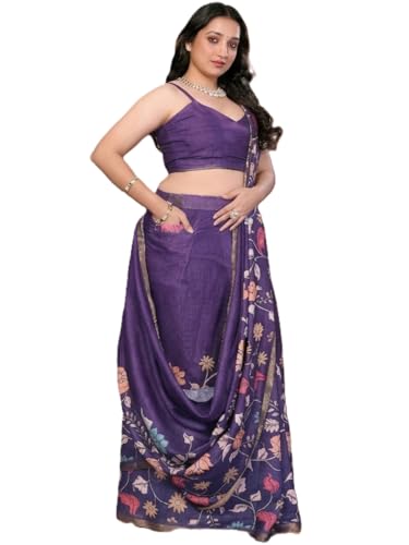 Image of SAMANTHA Black Floral Print Ready to Wear Linen Saree with Pocket & Adjustable Belt
