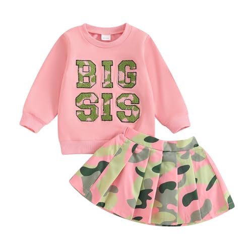 VISGOGO Big Sister Toddler Girl Skirts Outfit Dress Tops Long Sleeve Letter Embroidery Sweatshirt Tulle Skirt Set