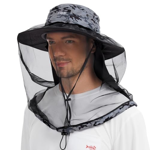 Image of BASSDASH UPF 50+ Mosquito Sun Hat with Hidden Head Net and Neck Flap for Men Women Outdoor Fishing Hiking Camping