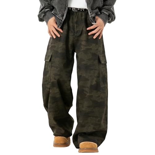 Vhersily Pantalones cargo de trabajo de camuflaje de pierna recta ancha para hombre Jeans Y2k Hip Hop Baggy Cowboy Skater Vintage anchos con estampado elástico en la cintura Denim Carpintero de