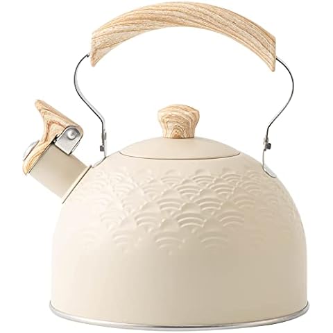 Whistling Tea Kettle Stainless Steel Tea Pots for Stove Top Stylish Kettle With Wood Pattern Anti-slip Handle,2.6 Quart, Beige Cover