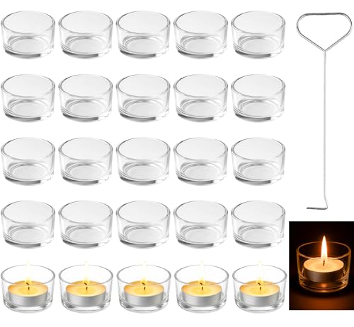 Ferenando 25 Stück Teelichthalter Glas mit Löschhaken, Teelichtgläser Klein 4.5cm Dm x 2.5cm Höhe, Kerzenhalter Glas Klar, Kerzengläser Set für Weihnachten, Hochzeit, Party & Geburtstag Tischdeko