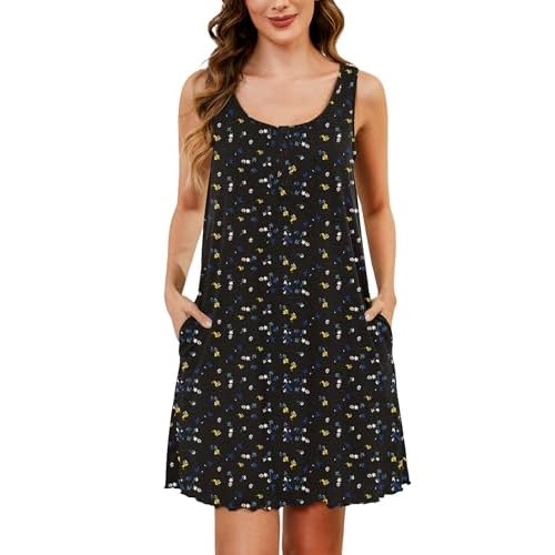 Marvmys Women Cotton Sleeveless Tank Nightgowns Summer Henley Lettuce Hem Nightshirts Sleepwear with Pocket S-2XL Medium Black Floral