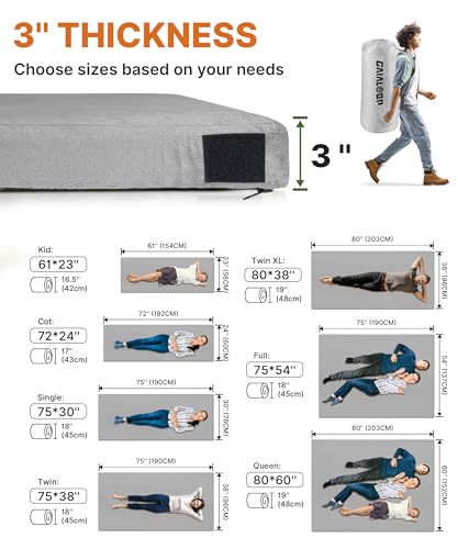 Image of GAIALOOP 3 Inch Memory Foam Camping Mattress, Dual Layer Thick Sleeping Camp Pad for Car Tent Cot, Roll-Up Portable Glamping Floor Bed for Guests Sleepover