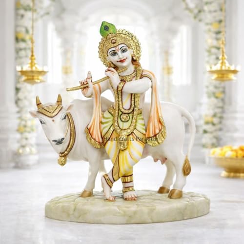 Image of Handicrafts Paradise Culture Marble Hand Painted Krishna with Cow Intricately Carved Showpiece for Home Decor and Puja - 5.5 Inch, Fantasy, Multicolor