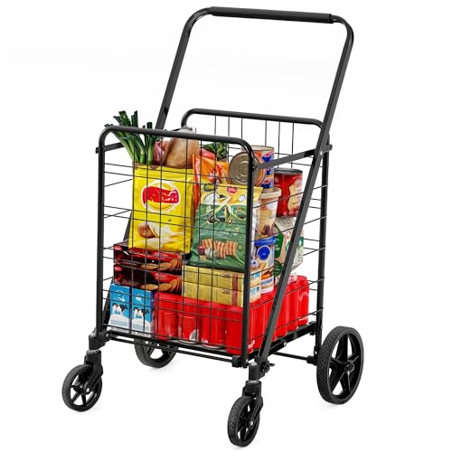 YITAHOME Folding Shopping Cart with Wheels, Large Rolling Grocery Cart, Reinforced Mesh Bottom, Foldable Utility Cart for Groceries, Laundry & Storage (Portable, Collapsible, Sturdy) Large 1