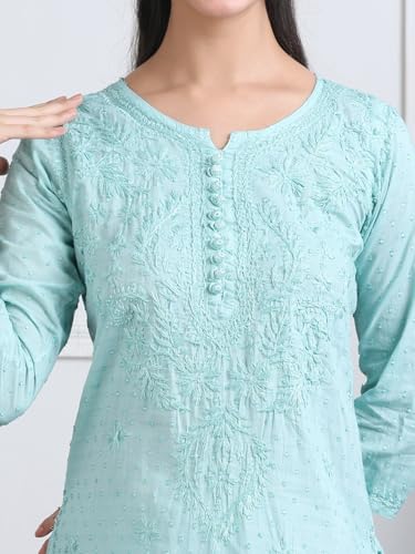 Image of Women's Lucknowi Chikankari Handwork Cotton Kurti, Palazzo and Dupatta Set
