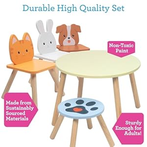 Kids Wooden Animal Table & Chair Set w 4 Seats- Puppy Kitten Bunny Plus Adult Stool for Arts Crafts Activity, Dining, Pretend Play- Durable Playroom Furniture for Home, Daycare Classroom- Toddler Gift Kids Wooden Animal Table Chair Set w 4 Seats Puppy Kitten Bunny Plus Adult Stool for Arts Crafts Activity Dining Pretend Play Durable Playroom Furniture for Home Daycare Classroom Toddler Gift