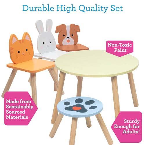 Kids-Wooden-Animal-Table-Chair-Set-w-4-Seats-Puppy-Kitten-Bunny-Plus-Adult-Stool-for-Arts-Crafts-Activity-Dining-Pretend-Play-Durable-Playroom-Furniture-for-Home-Daycare-Classroom-Toddler-Gift Kids Wooden Animal Table Chair Set w 4 Seats Puppy Kitten Bunny Plus Adult Stool for Arts Crafts Activity Dining Pretend Play Durable Playroom Furniture for Home Daycare Classroom Toddler Gift