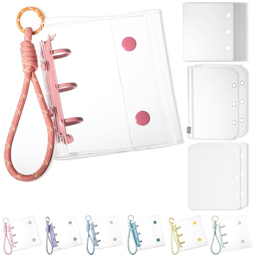 gomura シール帳 透明 女の子 A8サイズ シールバインダー はがせる バインダー シール帳 台紙 かわいい シール収納 編み込みキーホルダー付き リフィル×20枚 チャック付きボケット×2枚 下敷き×2枚 (エンジ, A8)