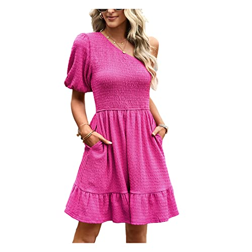 AYBIOSD Vestido Midi Bohemio De Manga Corta con Bolsillos Y Un Hombro De Verano para Mujer,Rosado,XL