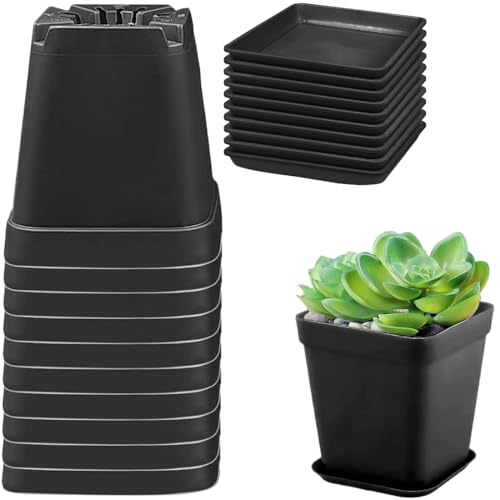 KIRZAX 10 Macetas de Plástico Pequeñas con Bandejas, 7cm Macetas Cuadradas con Agujeros de Drenaje, Set de Macetas para Interior, Balcón, Plantas Suculentas, Decoración de Jardín