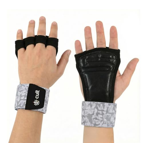 Image of CULT Leather Gym Gloves with Wrist Wrap Support for Weightlifting & Powerlifting | Heavy Duty Leather Half Finger Workout Gloves for Men & Women, Anti-Callus Gym Grip (Size S-M)