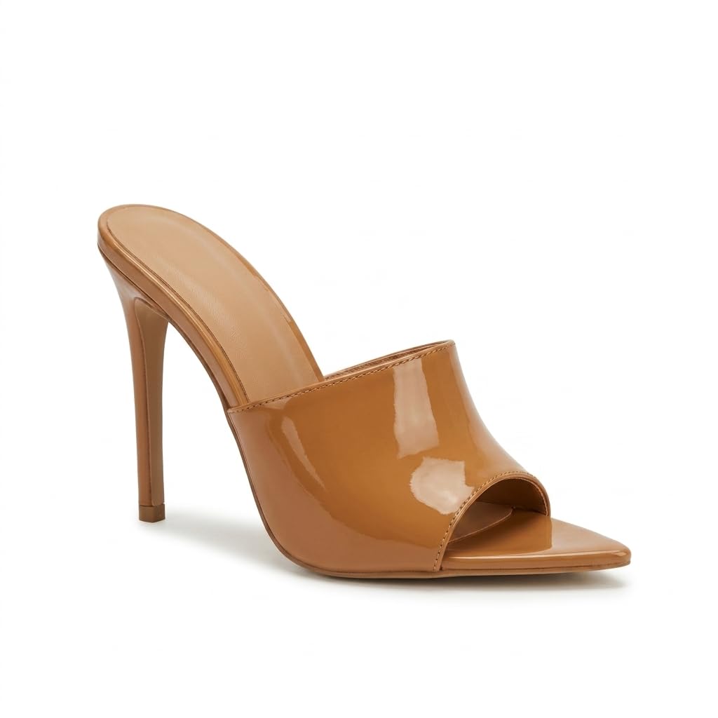 Women's Tan Patent Stiletto Heel Sandals, Open Toe Slip-On Mule Heels with Glossy Wide Strap, Party Use Fashion Heels for Women & Girls V18-1336-image-39