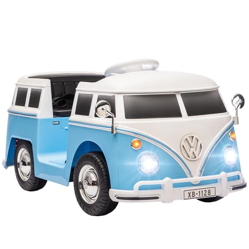 AIYAPLAY Coche eléctrico para niños de 12 V Volkswagen con MP3, motor doble, con claxon, luces LED, arranque suave, 3-8 km/h, para niños de 3 a 7 años, color azul