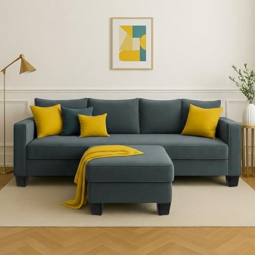 Image of FURNY Conva 5 Seater L Shape Sofa Set with Movable Ottoman | Flexible Left or Right Layout | Plush Velvet Fabric (Dark Grey) | Perfect for Living Room, Guest Room & Office