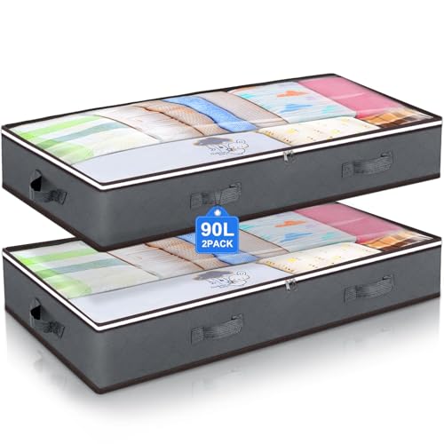 90L Under Bed Storage Containers, Underbed Toy Organizers and Clothing Storage Bags, Closet Storage Bins with Clear Lids for Bed Sheets Blanket Clothes Comforter Bedding Bedroom Dorm, 2 Pack