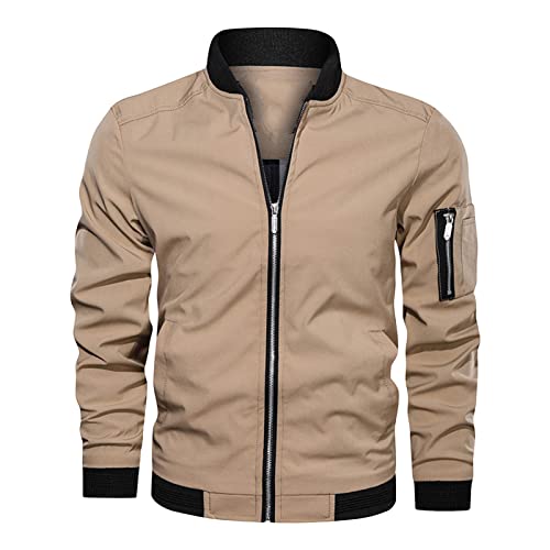 Maiyifu-GJ Men's Lightweight Flight Bomber Jacket Slim Fit Windproof Full Zip Softshell Coat Spring Breathable Windbreaker (Khaki,5X-Large)