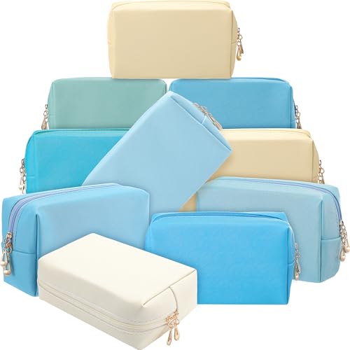 Sanwuta 9 Pcs Makeup Bags PU Double Zippers Cosmetic Bag Makeup Toiletry Pouch Bulk Portable Travel Organizers Case for Women Bachelorette Party End of the Year Graduation Gift(Blue and Green Color)