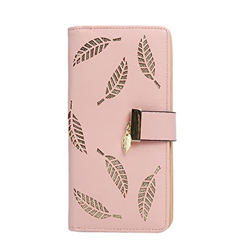 tinsico Women’s Bi-Fold Elegant Clutch Wallet Long PU Leather Mobile Phone Fashion Card Holder Purse Hollow Leaf Zipper Buckle,Pink-picture-13