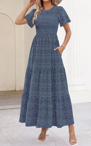 Image of PRETTYGARDEN Women's 2026 Summer Casual Flutter Short Sleeve Boho Floral Maxi Dress Crew Neck Smocked Tiered Long Dresses