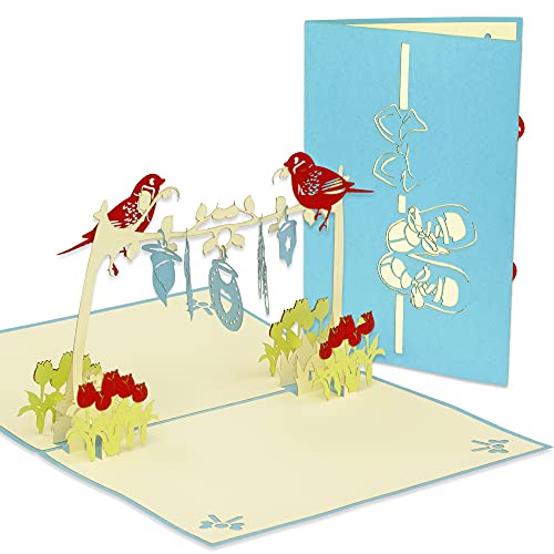Lin Carte pop-up pour naissance, carte de naissance, carte de naissance, carte de naissance, carte de bébé, carte de vœux 3D pour bébé, landau, cigogne (A6, corde à linge pour bébé - Bleu clair) Cover