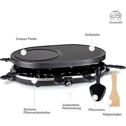 8 Raclette Personen Set Grill rund oval - Tischgrill inkl. Pfännchen & Schaber & Grillplatte & Crepes Funktion 1200 Watt - RUND – Bild 4