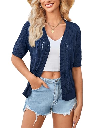 Image of Yekaty Womens 2026 Short Sleeve Crochet Summer Cardigan Cropped Button Sweater Lightweight Shrug for Dress