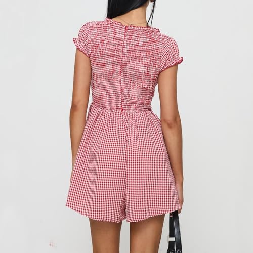 Image of Women Cute Babydoll Dress Romper Plaid V Neck Smocked Flowy Mini Romper Dress Gingham Ruffle Cap Sleeve Short Sundress