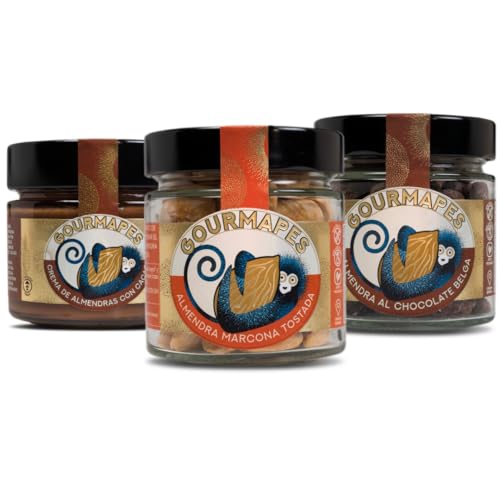 Pack Almendras Gourmet | 3 Delicias: Almendra Marcona (90g), Almendra al Chocolate Belga (90g) y Crema de Almendras con Cacao (190g) | Sin Gluten | Fuente de Fibra | Origen España
