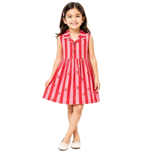 Image of Girls Printed Knee Length Fit and Flare Sleeveless Collar Dress