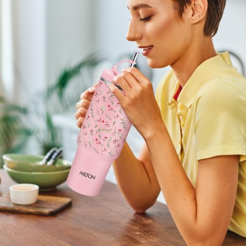 Image of MILTON My Tumbler Studio 1200 Thermosteel Double Wall Vacuum Insulated SS Tumbler with Handle 1100ml, Leak Proof Travel Mug, Straw, Silicon Cap Cleaning Brush, Hot & Cold Beverage Flask, Pink Floral