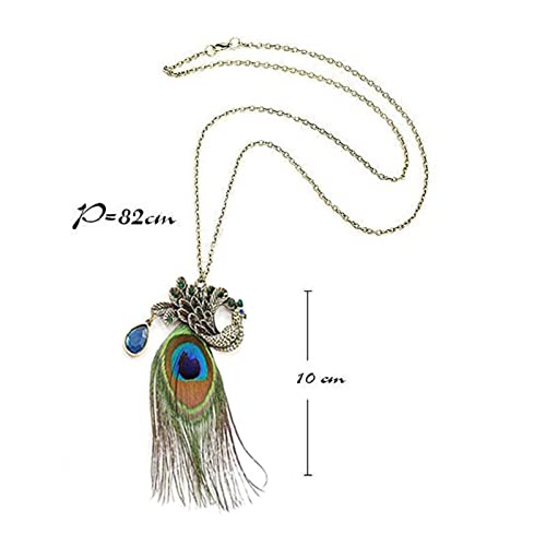 Dreuyet Bohemian Peacock Feather Necklace for Women Handmade Boho Vintage Turquoise Crystal Pendant Necklace Statement Summer Beach Retro Ethnic Jewelry4