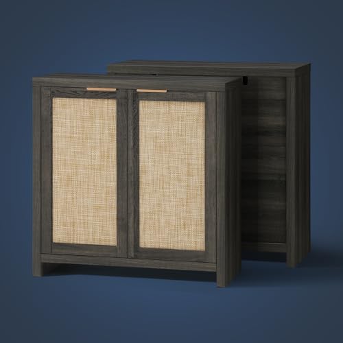 Image of OAKHAM HOME Hampstead Storage Sideboard Cabinet with Rattan Doors and Adjustable Shelves, Buffet Kitchen Cabinet Cupboard Console for Living Room, Set of 2