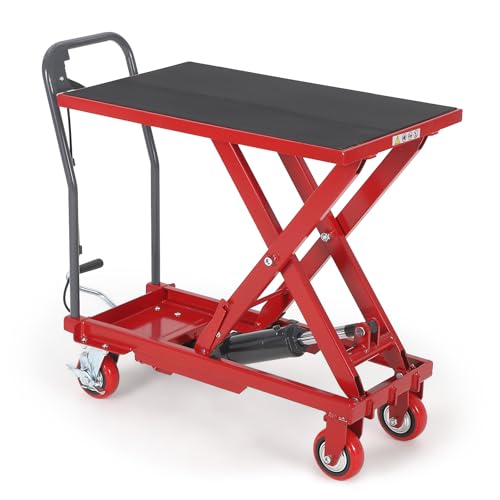Hydraulic Lift Table Cart, 330lbs Capacity 28.5" Lifting Height Hydraulic Table Cart, Single Scissor Lift Table with Non-Slip Pad for Material Handling and Transportation, Red